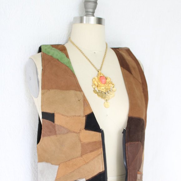 Vintage 60's Leather vest tunic Patchwork fish scale hippie western Free People - Picture 5 of 11